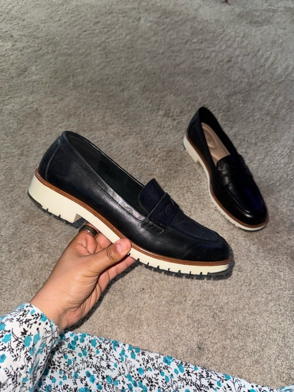 Aldo Black Leather Penny Loafers with White Lug Sole and Tan Trim